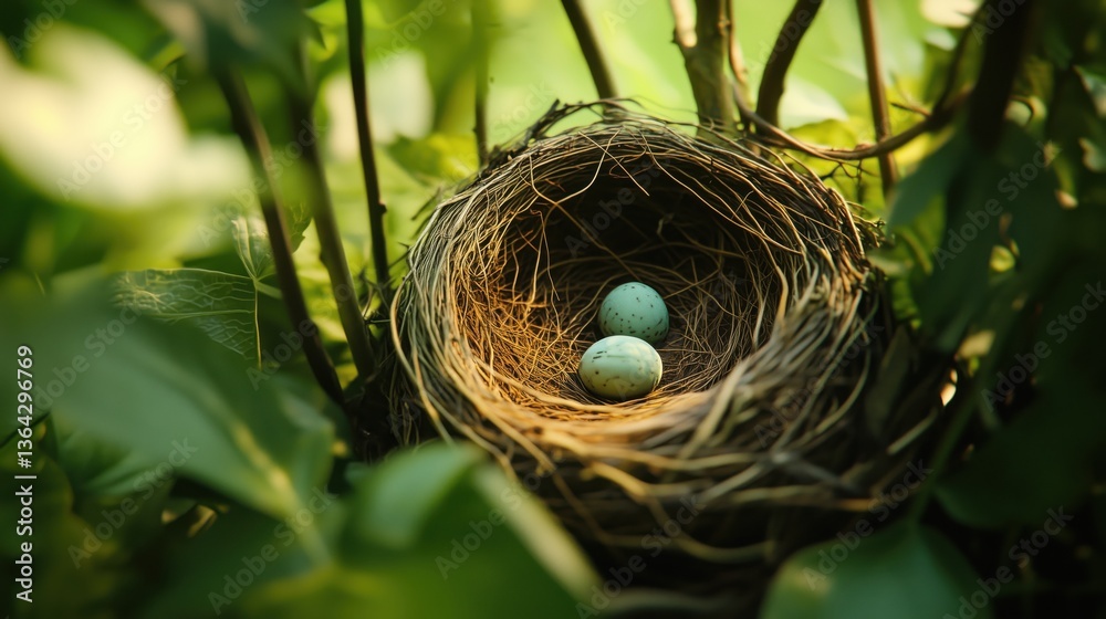 Delicate Bird Nest with Two Speckled Eggs Surrounded by Lush Greenery, Capturing Nature's Serenity and Intricate Details in a Soft Focus Setting Delicate Bird Nest with Two Speckled Eggs Surrounded by Lush Greenery, Capturing Nature's Serenity and Intricate Details in a Soft Focus Setting
