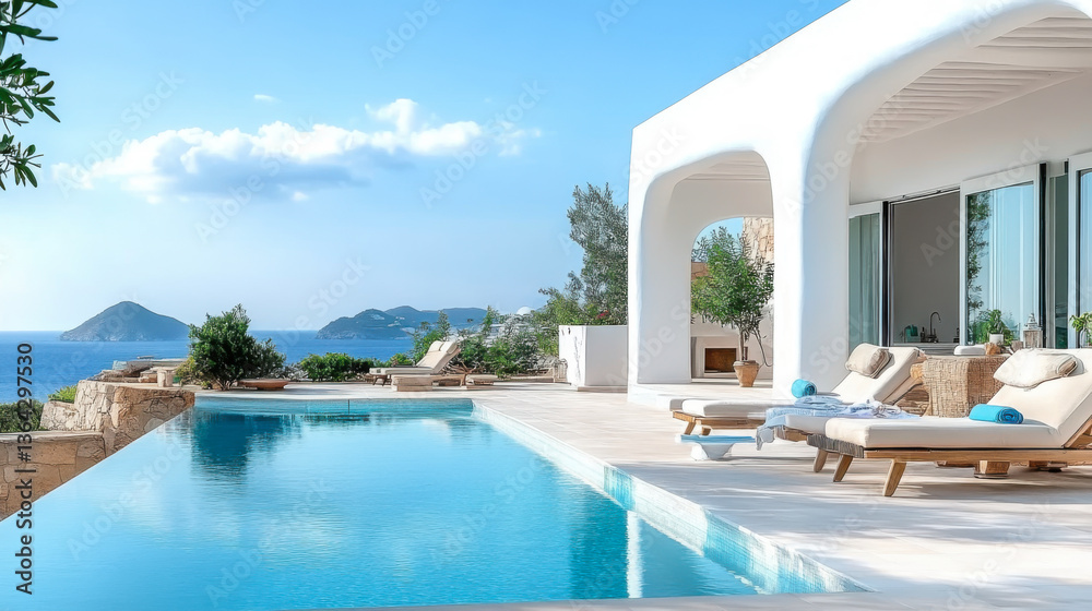 Terrace in villa with sunbeds and swimming pool with clear blue water