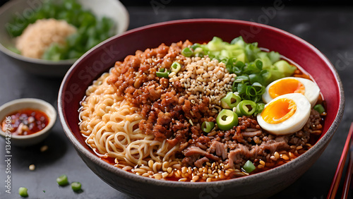 A spicy miso ramen bowl with vibrant red broth, chili oil drizzle, and topped with minced pork, sesame seeds, and scallions, creating a bold and flavorful presentation