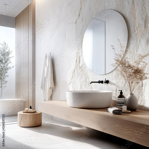 White Interior design of modern bathroom with sandstone wall