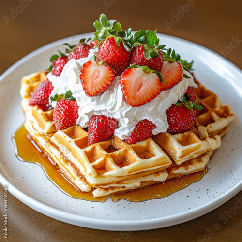 Obraz na płótnie waffles with strawberries and whipped cream w salonie