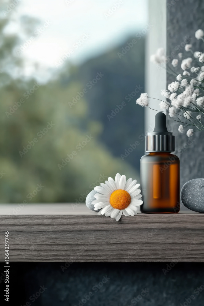 Natural beauty oil bottles on a wooden shelf with flowers and stones