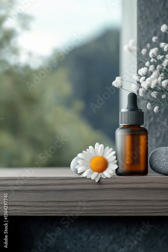 Obraz na płótnie Natural beauty oil bottles on a wooden shelf with flowers and stones w salonie