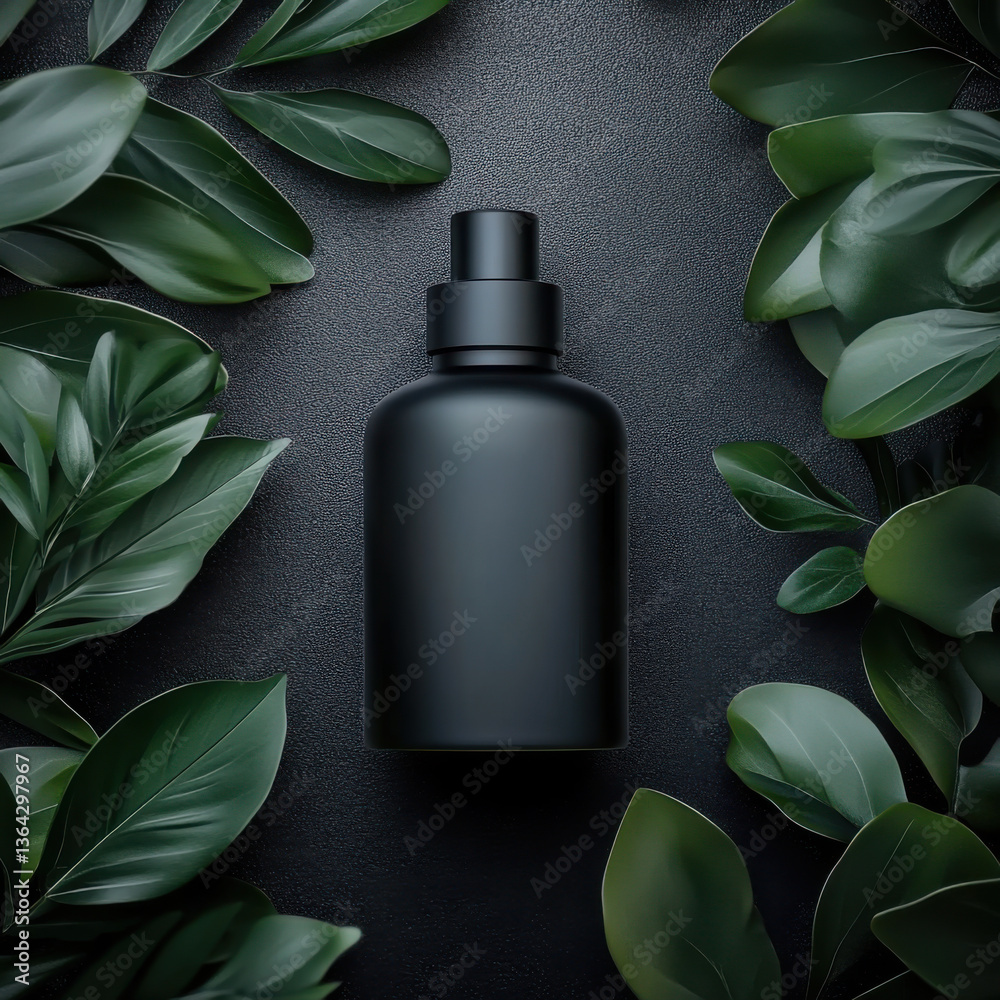 Black serum bottles and monstera palm leaves on black background