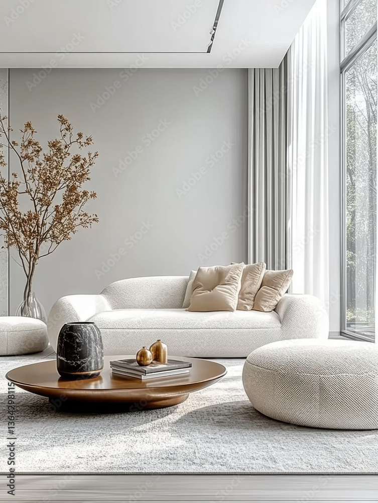 Minimalist living room country style interior with beige boucle armchairs and sofa