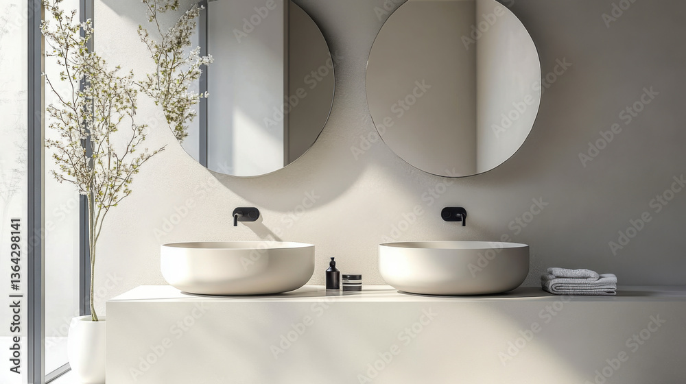 White minimalist bathroom with two sinks