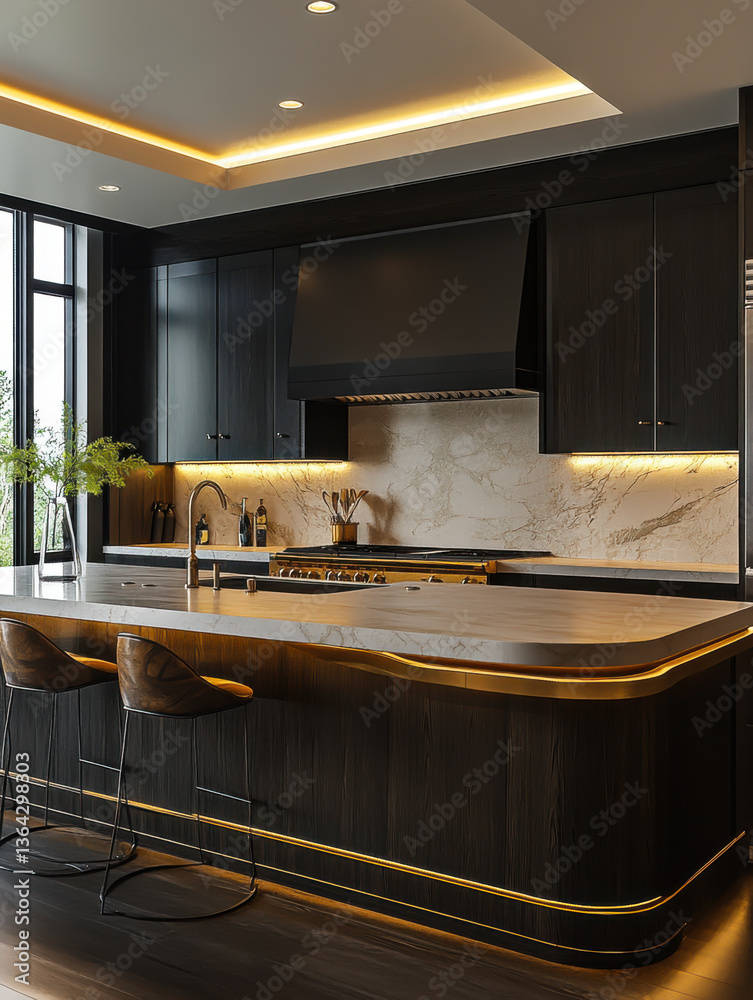 Modern and dark kitchen and light with big windows