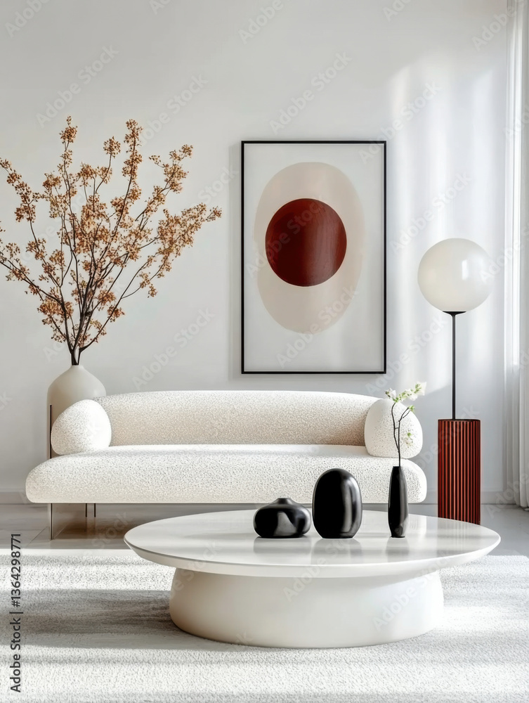 White tone Japandi and minimalist interior design of modern living room