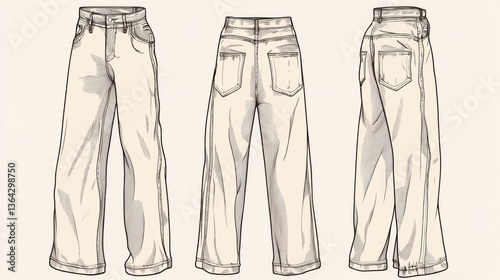 Detailed technical fashion illustration of wide leg jeans mockup for unisex design showcasing front and back views and flat sketches