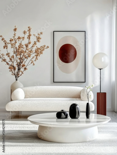 Obraz na płótnie White tone Japandi and minimalist interior design of modern living room w salonie