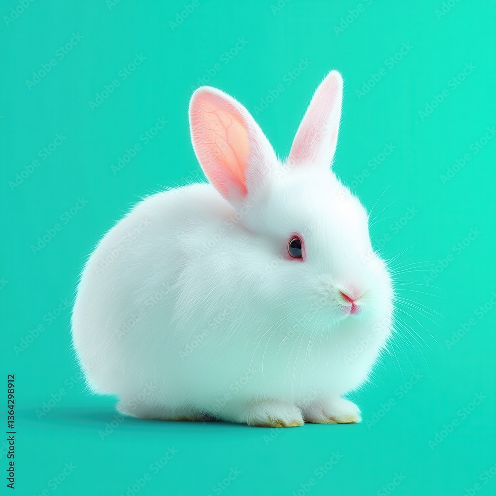 Easter concept, Fluffy white rabbit on a vibrant turquoise background. Easter concept, Fluffy white rabbit on a vibrant turquoise background.