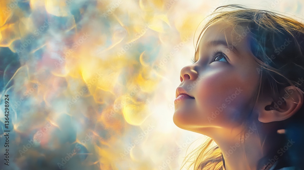 Captivating Portrait of a Curious Young Girl Gazing Upward with Enchanting Golden and Blue Bokeh Background, Evoking Wonder and Joy in a Dreamy, Soft Light – Artistic Style Captivating Portrait of a Curious Young Girl Gazing Upward with Enchanting Golden and Blue Bokeh Background, Evoking Wonder and Joy in a Dreamy, Soft Light – Artistic Style