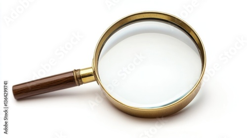 Vintage Magnifying Glass with Brass Frame and Wooden Handle Isolated on White Background