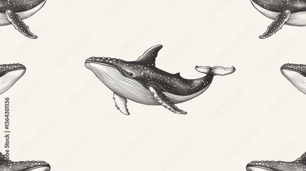 Fototapeta premium Humpback Whale Seamless Pattern with Ocean Wildlife, and Black White.