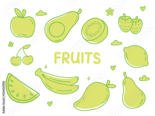 Set of icons with Fruits theme. With doodle style. For layout, website, graphic design.