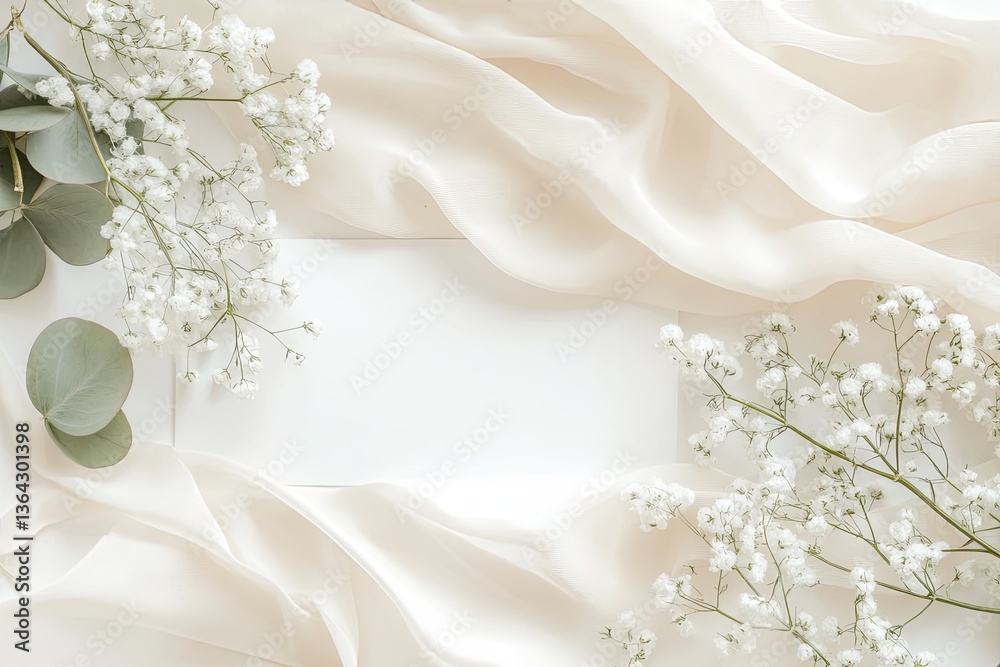 Delicate, minimalist floral arrangement on a backdrop of flowing, light beige silk. Soft white flowers, and greenery are artfully placed around a blank card, creating a romantic, elegant aesthetic Delicate, minimalist floral arrangement on a backdrop of flowing, light beige silk. Soft white flowers, and greenery are artfully placed around a blank card, creating a romantic, elegant aesthetic