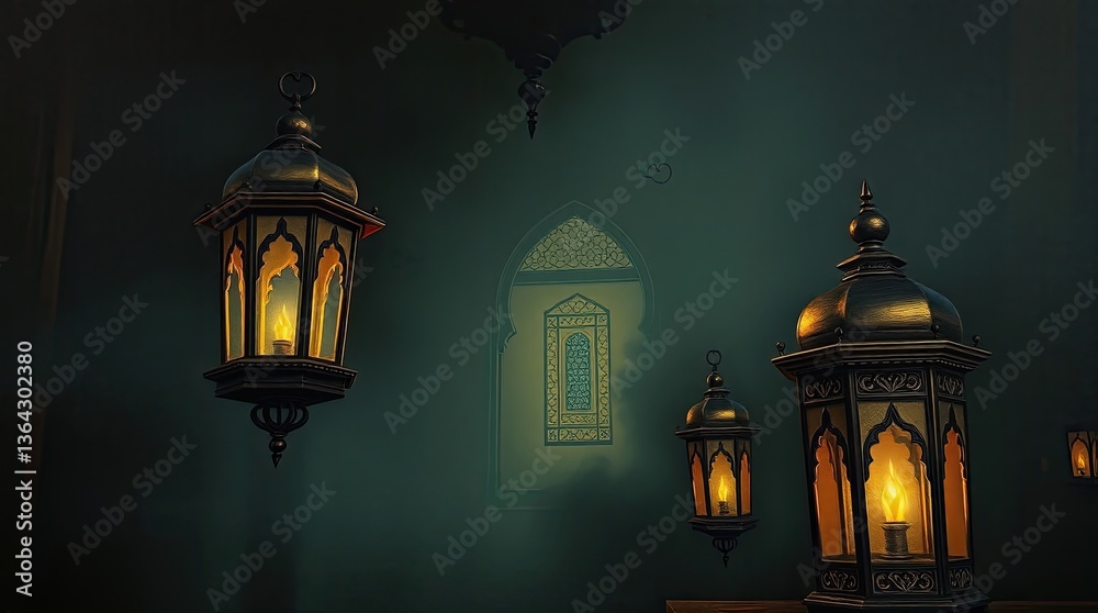 Fototapeta premium Decorative lamps illuminate a wall adorned with an arched window