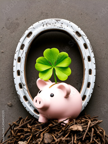 Symbolic picture, horseshoe with cloverleaf and piggy bank