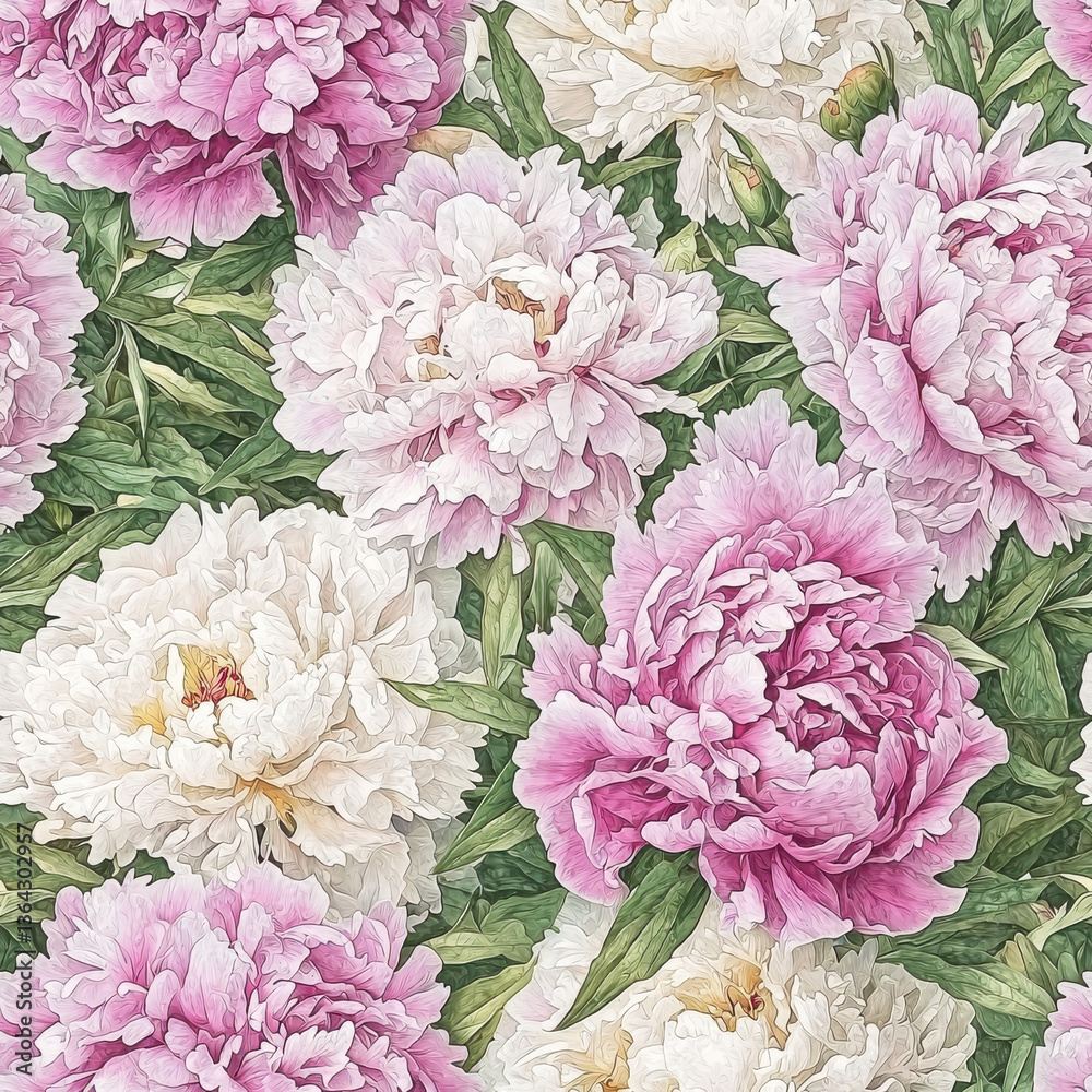 Naklejka premium Soft pink and white peony flowers with green leaves in seamless floral pattern, Summer Textile Seamless Pattern Background