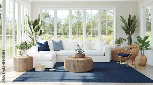 A polished coastal-themed living room with crisp white sofas