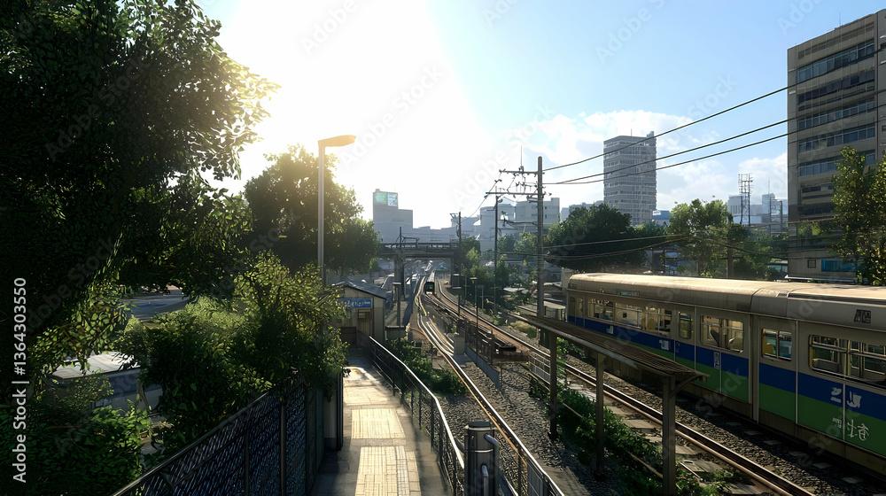 Naklejka premium Urban Train Station Scene With Sunny Daylight