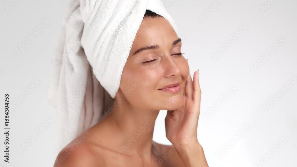 A beautiful woman wrapped in a towel gently touches her smooth skin with a relaxed expression, highlighting beauty, skincare, and wellness concepts. Perfect for self-care and cosmetic promotions. A beautiful woman wrapped in a towel gently touches her smooth skin with a relaxed expression, highlighting beauty, skincare, and wellness concepts. Perfect for self-care and cosmetic promotions.
