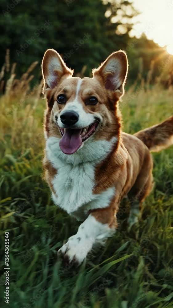 A joyful corgi runs through a grassy field at sunset, captured from a low-angle, creating a dynamic and lively video feel. Live mobile wallpaper. A joyful corgi runs through a grassy field at sunset, captured from a low-angle, creating a dynamic and lively video feel. Live mobile wallpaper.