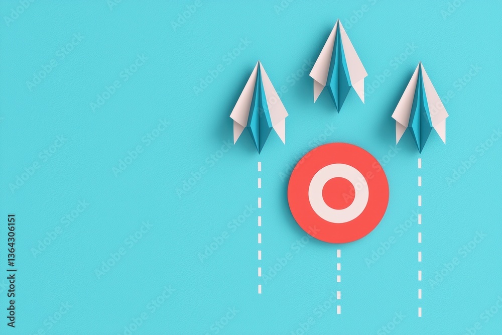 Paper Airplanes Aiming At A Circular Target On A Blue Background Symbolizing Goal Achievement Paper Airplanes Aiming At A Circular Target On A Blue Background Symbolizing Goal Achievement
