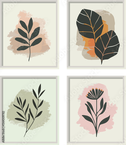 A grid of four botanical illustrations, with different leaves in different colors, botanical artwork