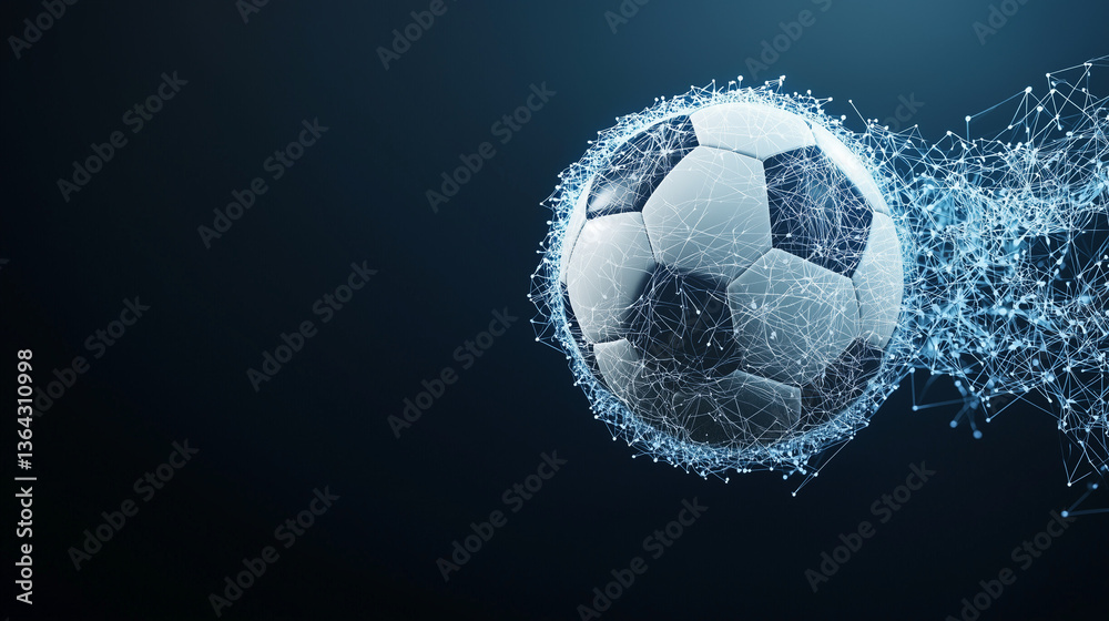 Fototapeta premium Soccer Ball of Light: A dynamic, artistic rendering of a soccer ball, composed of glowing particles, streaks across a dark background, creating a sense of motion, energy, and the thrill of the game. 