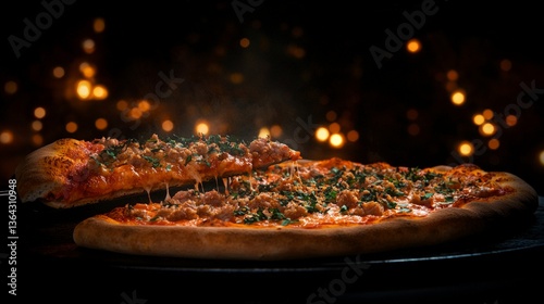 Delicious Tuna Pizza  Gourmet Food Photography  Crispy Crust  Melted Cheese  Herbs  Night