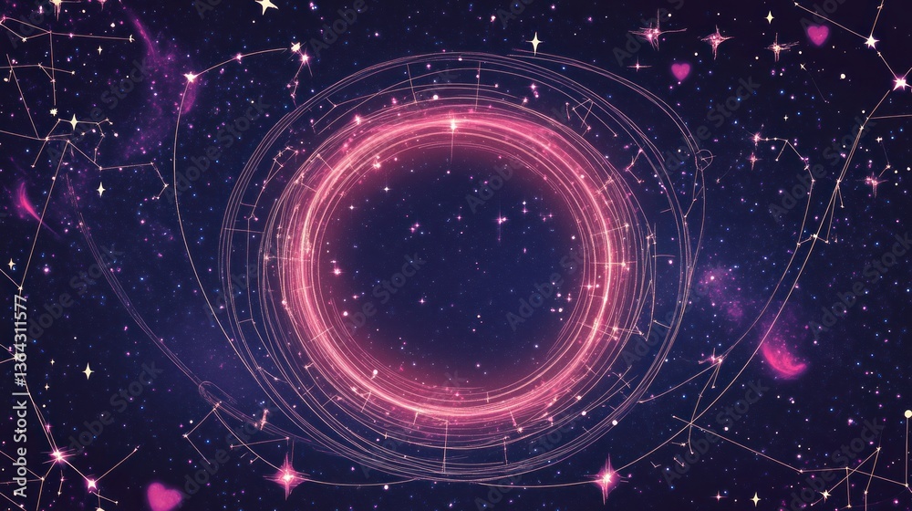 Obraz premium A cosmic design featuring swirling pink patterns and stars against a dark background.