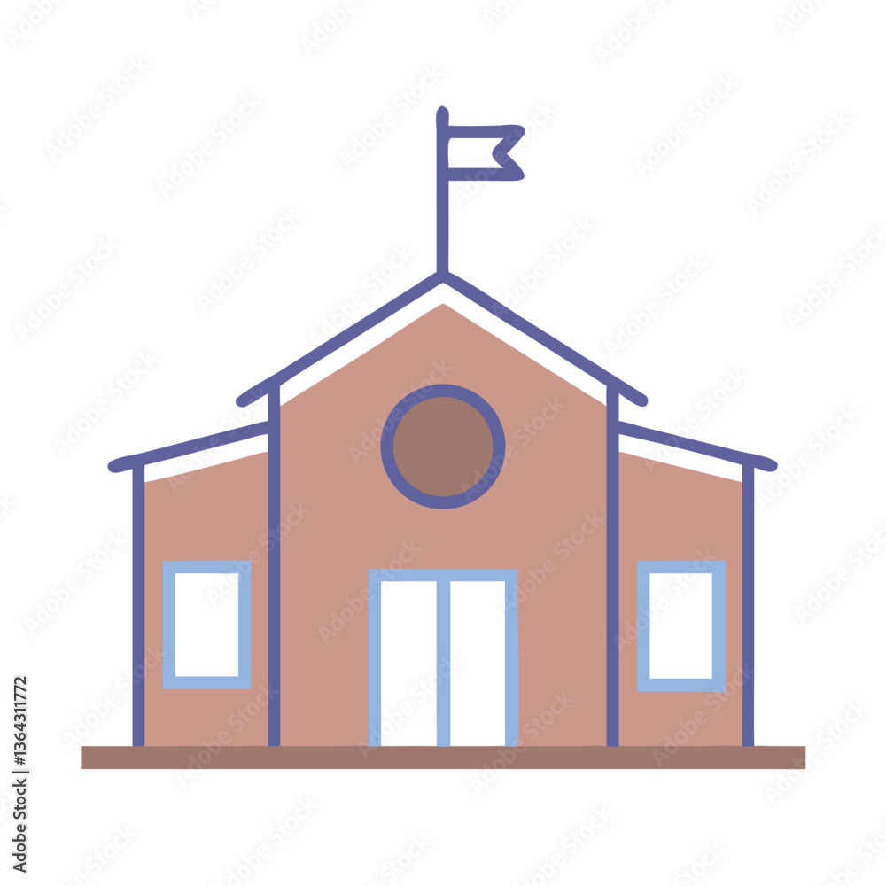 Brown cartoon school building icon with flag Brown cartoon school building icon with flag