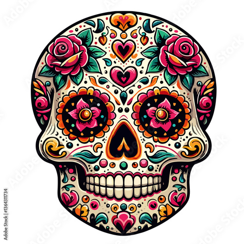 Colorful Day of the Dead skull with floral patterns  