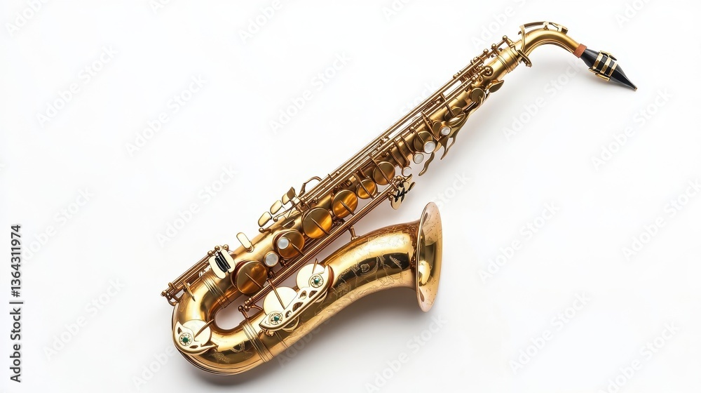 Fototapeta premium A golden saxophone placed on a plain white seamless background