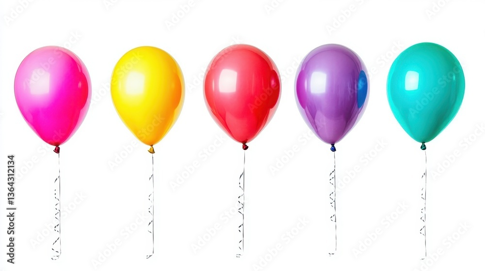 Five Brightly Colored Balloons Floating with Silvery Ribbons Five Brightly Colored Balloons Floating with Silvery Ribbons