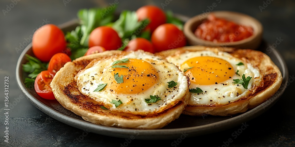 Delicious breakfast of fried eggs on toast with tomatoes and herbs Delicious breakfast of fried eggs on toast with tomatoes and herbs