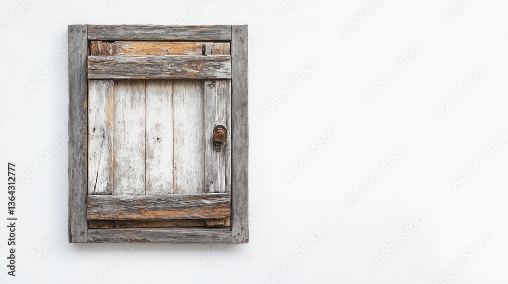 A rustic wooden shutter on a white wall, showcasing weathered textures and craftsmanship. A rustic wooden shutter on a white wall, showcasing weathered textures and craftsmanship.