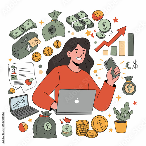 Businesswoman smiling while managing finances against colorful graphics  