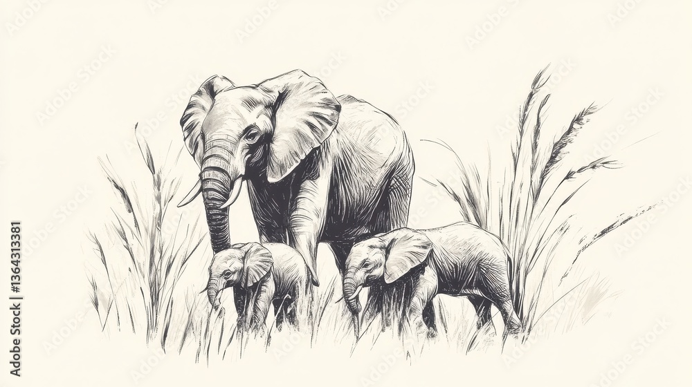 Fototapeta premium African Elephant Family with Savannah, Wildlife Art, and Sketch.