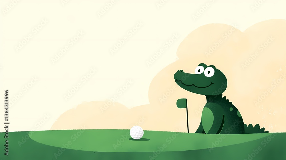 Obraz premium Cute Alligator Playing Golf, Cartoon alligator on a golf course, ready to putt.