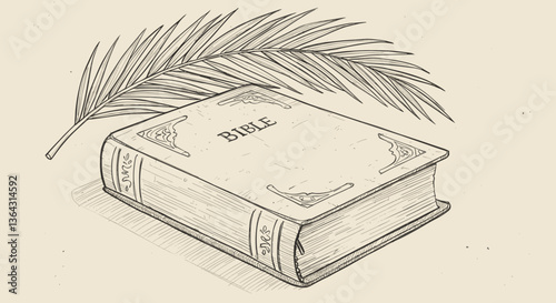 Vintage Bible with Palm Leaf on Neutral Background  