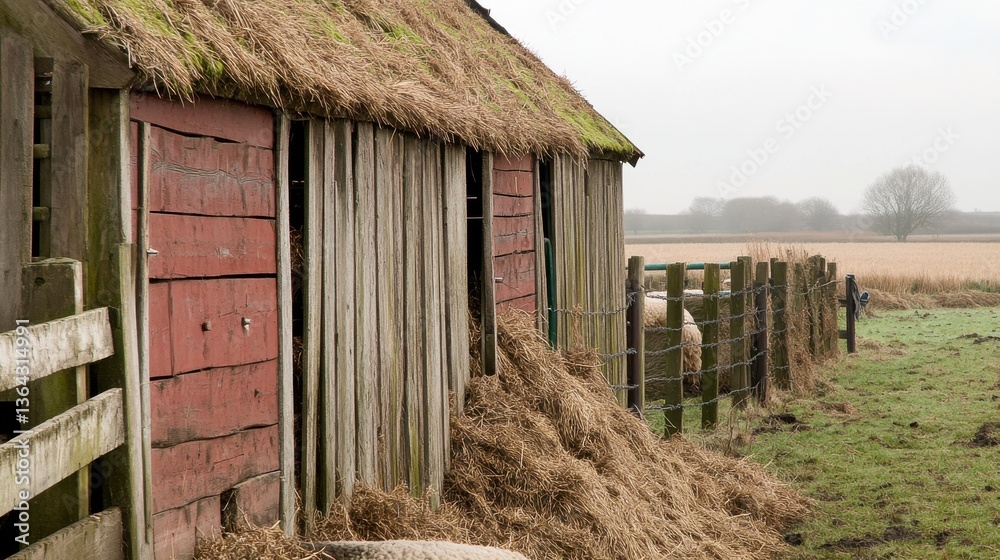 Rustic Barn with Thatch Roof Surrounded by Pastoral Landscape Rustic Barn with Thatch Roof Surrounded by Pastoral Landscape