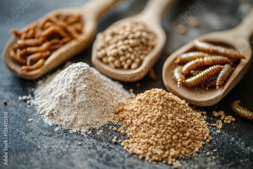 Wooden spoons hold mealworms, pellets, and dried insects, plus flour. It's useful for alternative protein sources or sustainable food concepts. photo