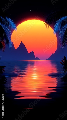 Vaporwave Sunset Reflecting Over Water with Palm Trees and Mountains
