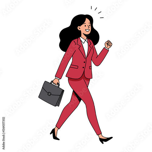 Confident woman walking with a briefcase in a red suit  