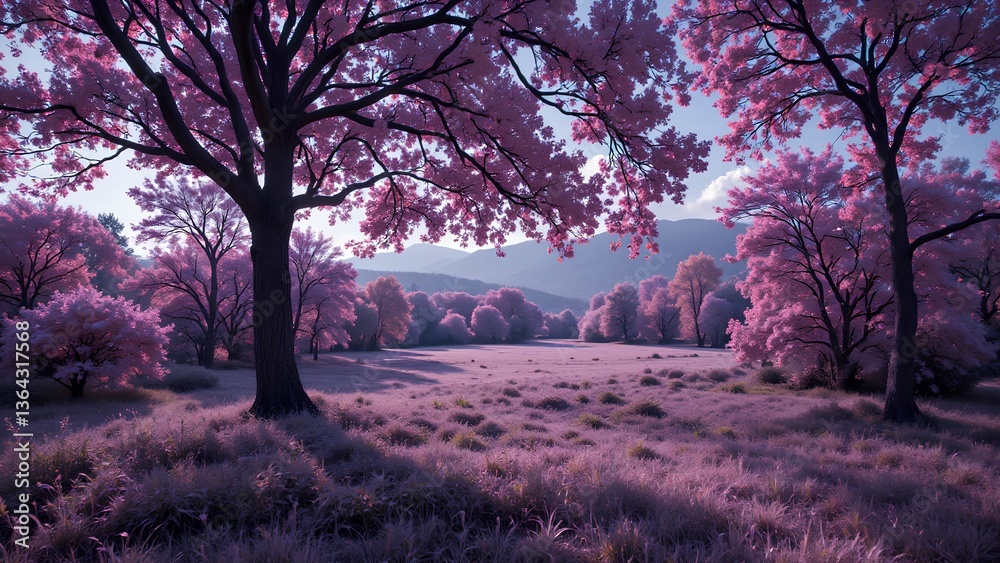 Obraz premium Serene Pink Landscape with Trees and Mountains Under Soft Light