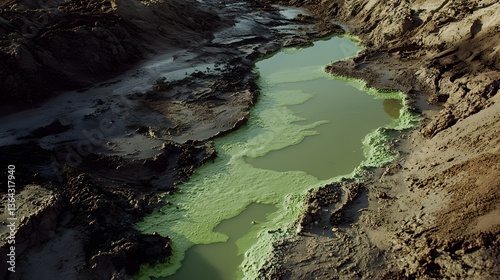 A surreal and eerie scene depicting a pool of toxic green sludge in a pond runoff near a salt bed illuminated by dramatic contemporary cinematic lighting