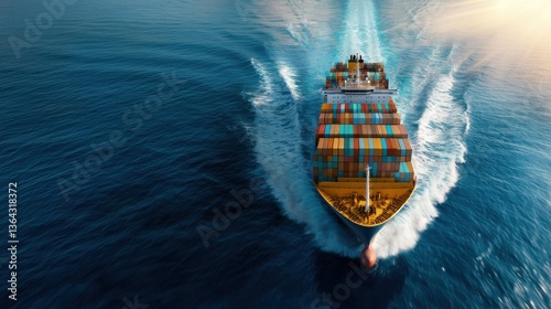Aerial view of a massive container cargo ship speeding across the shimmering blue ocean waters at sunset  The ship is loaded with colorful freight containers