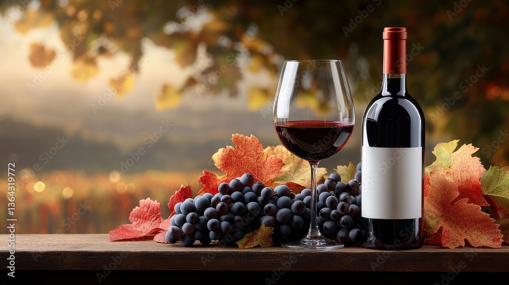 Fototapeta premium Autumnal Wine Tasting and Harvest Still Life with Dark Red Wine Glass and Grapes against Cozy Countryside Backdrop Moody and Atmospheric Autumn Harvest with Rustic Vintage Elements
